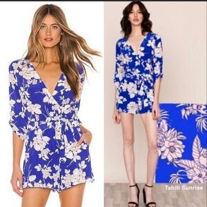 YUMY KIM Silk Blue Floral Wrap Romper